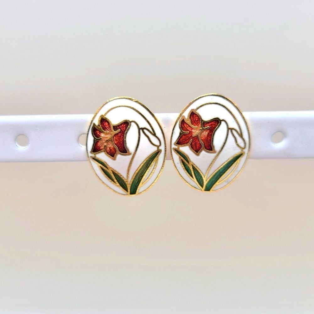 Vintage Cloisonne Floral Earrings, Clip on Gold tone
